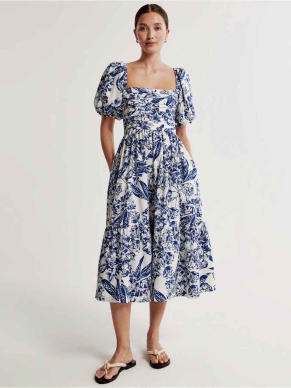 Abercrombie & Fitch Emerson Blue and White Floral Square-Neck Midi Dress